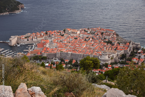 landscape from above of Dubrovnik city with sea in the background