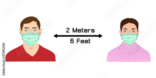 Keep social distancing prevent virus and infection pandemic (distance not less than 2 meters or 6 feet), prevent Coronavirus (COVID-19), COVID-19 vector illustration, New normal hygiene concept.