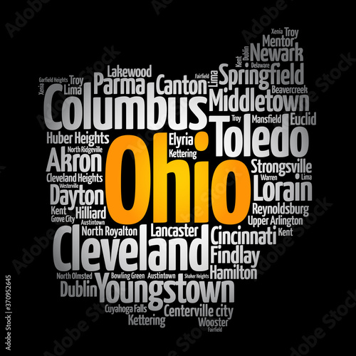 List of cities in Ohio USA state, map silhouette word cloud, map concept background photo