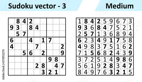 Sudoku game with answers. Simple vector design set Sudoku. Blank template. Complexity of the task is medium.