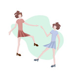 Two modern young girls dancing. Dance moves, fun and entertainment. Women's friendship and shared leisure, party.  Concept for a banner, website design or target web page.