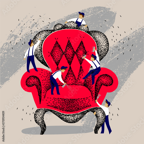 Restoration of furniture. Little people repair a big red armchair. Team is repairing vintage chair. Vector handmade illustration for workshops.