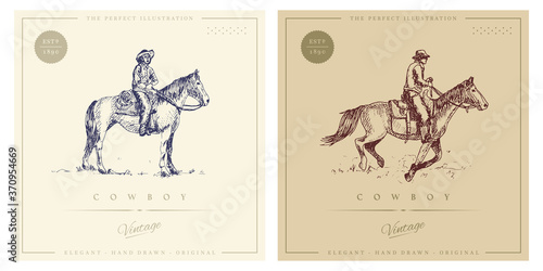 Cowboy on horse retro vintage illustration. For logo and print