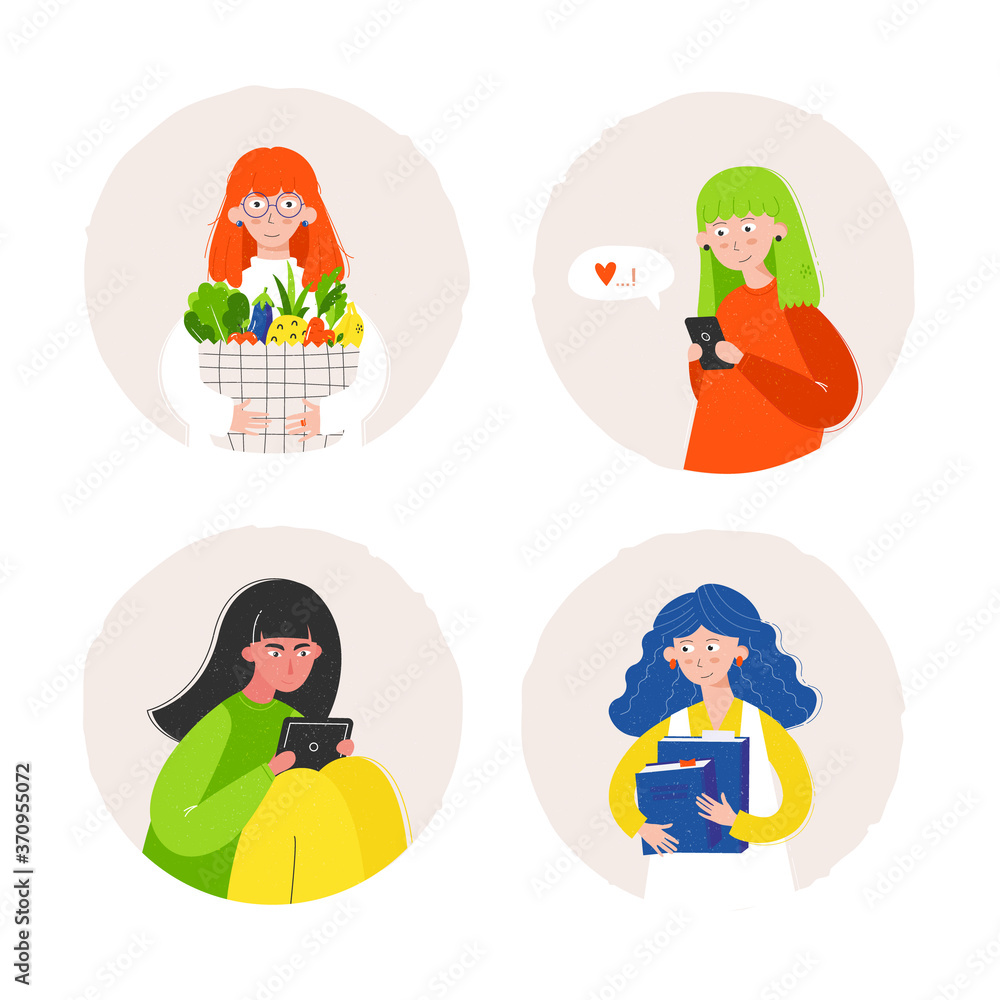 Fototapeta premium Woman's faces set, a bright modern avatar for social media. Female icons. Different people with books, healthy food, online, lifestyle. Faces collection isolated on white. Positive emotions, feminism