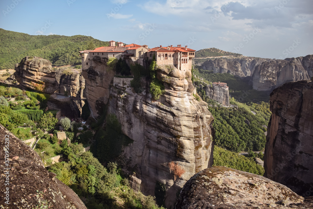 dramatic landscape of Meteora monasteries built on vertical rock formations in Greece
