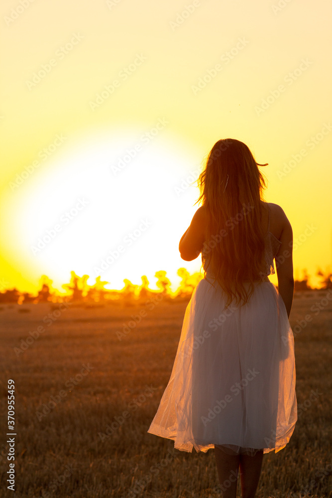 graceful silhouette figure of young woman walking in field at sunset, beautiful romantic girl with long hair outdoors graceful silhouette figure of young woman walking in field at sunset, beautiful romantic girl with long hair outdoors