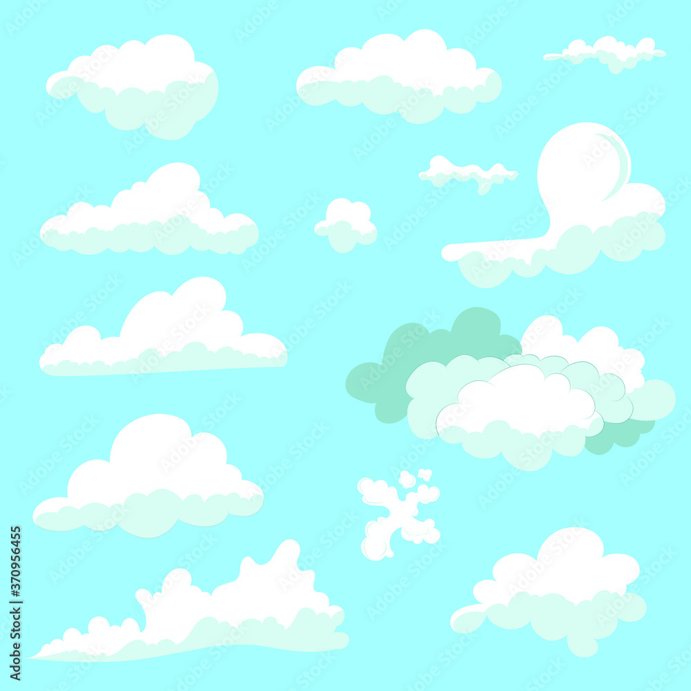 Set of white clouds in the sky. Isolated cartoon drawings on blue background