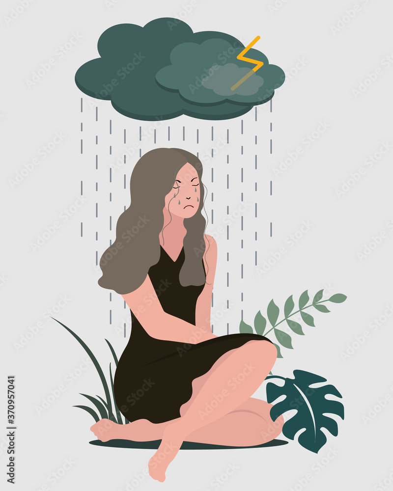 Vector illustration of a sad crying young woman sitting under a cloud and rain. Depression and melancholy concept. Flat illustration Vector illustration of a sad crying young woman sitting under a cloud and rain. Depression and melancholy concept. Flat illustration