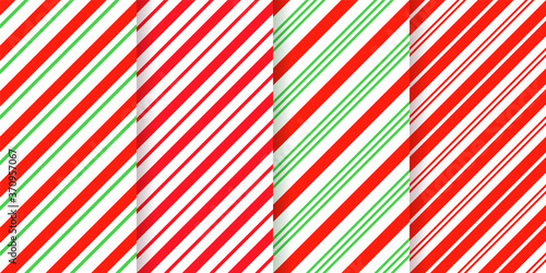 Candy cane stripe pattern. Vector. Seamless Christmas background. Red green peppermint diagonal lines. Xmas traditional wrapping texture. Set cute caramel package prints. Geometric illustration.