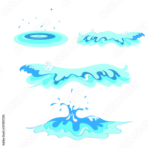 Set with water waves. Spray, splash, surge and circles on the water