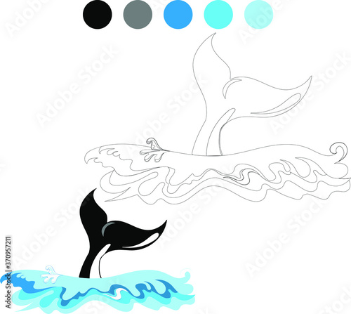Whale tail in ocean waves. Coloring book page for kids