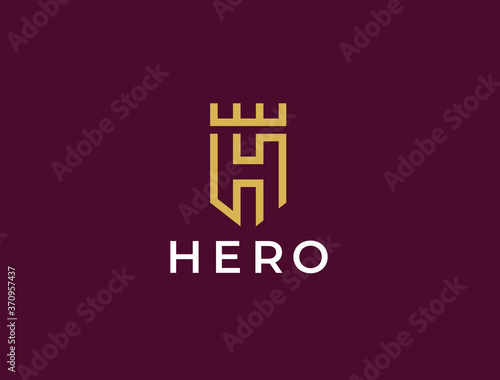 Heraldic Letter H monogram. Elegant minimal logo design. Letter H + Crown + Shield.
