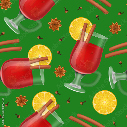 Realistic 3d Detailed Mulled Red Wine Seamless Pattern Background. Vector