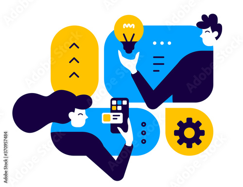 vector business concept illustration of a man with light bulb and woman with smart phone, people communication