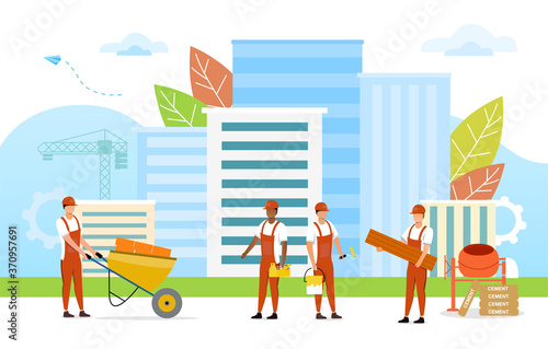 Construction of houses vector illustration. Workers buildings new houses in modern city