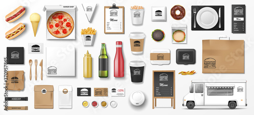 Mockup for pizzeria, cafe, restaurant or fast food shop. Branding set of pizza, uniform, food truck, popcorn, hamburger, hot dog, package. Food mockup elements Top view. vector
