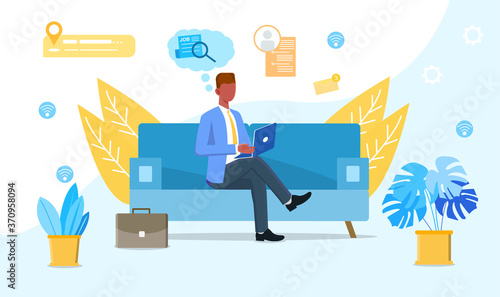 Job search vector illustration. Concept of career in successful company. Man search work at home online