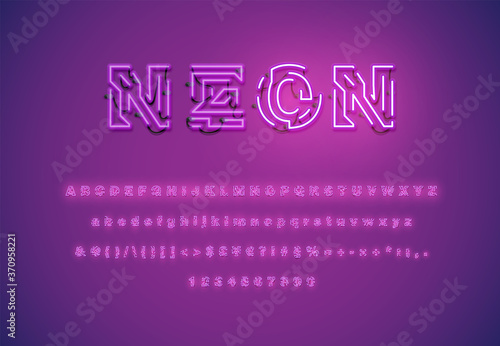 Realistic dashed neon font with shadows, glow and wires