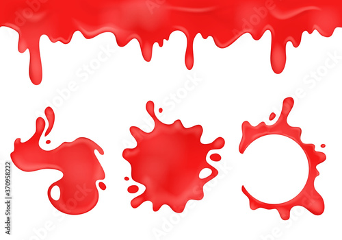 Realistic 3d Detailed Strawberry Syrup Blots Set. Vector