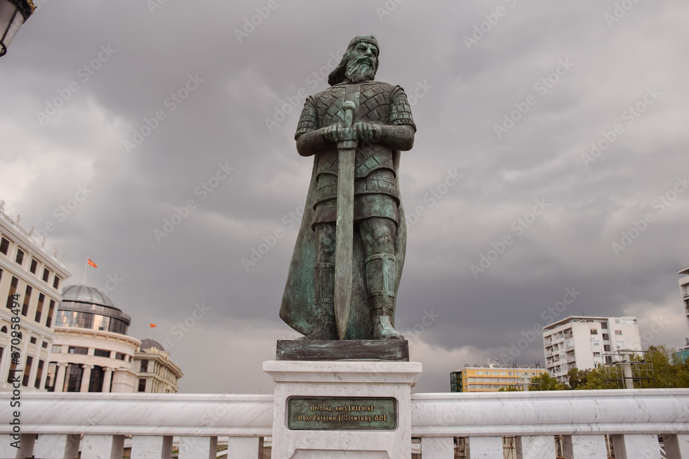 bronze warrior sculpture with sword on Macedonian capital bridge