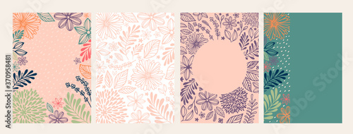 Set of floral and abstract pattern with flowers, branches and leaves, hand drawn background. Sweet cute drawing in doodle style for design of childrens, romances, holidays