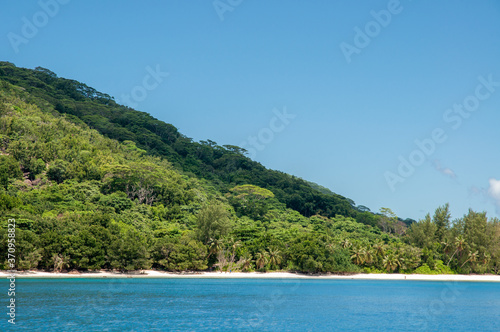 Beautiful tropical scenic view of a bay of water in Anse Severe in La Digue Island in Seychelles