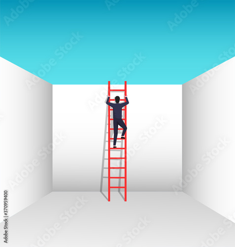 Businessman character climbing a ladder to escape from problem vector illustration. Find the best solution in business