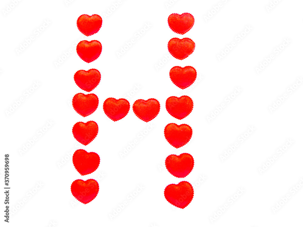 The letter H is made up of small red hearts isolated on a white background. Bright red font. The letter H is made up of small red hearts isolated on a white background. Bright red font.
