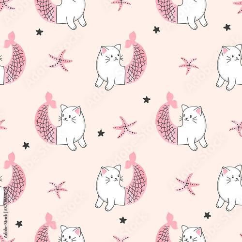 Seamless cartoon cat mermai...