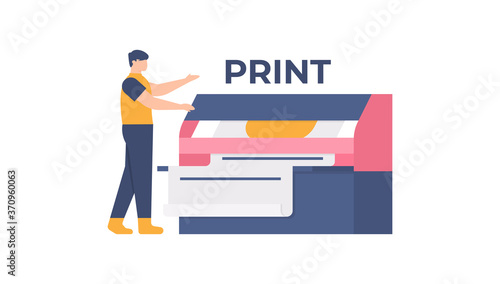 printing business concept or screen printing services. illustration of a man using a printer. flat design. can be used for elements, landing pages, UI, websites