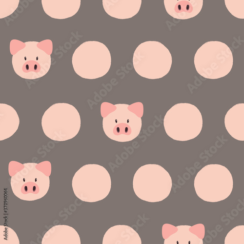 Seamless polka dot pattern with cute pigs. Vector illustration for kids design.