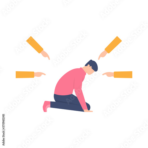 the concept of intimidation, harassment, exclusion. illustration of a man who is pensive because of being accused or pointed at by someone's hand. flat design. can be used for elements, landing pages