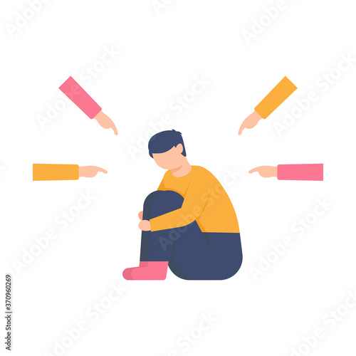 the concept of intimidation, harassment, exclusion. illustration of a man who is pensive because of being accused or pointed at by someone's hand. flat design. can be used for elements, landing pages