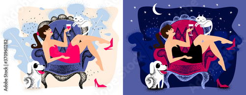 hedonism. girl resting at home and drinking wine. Rest at home in armchair. relaxing home holiday with glass of wine all day. from morning to evening.