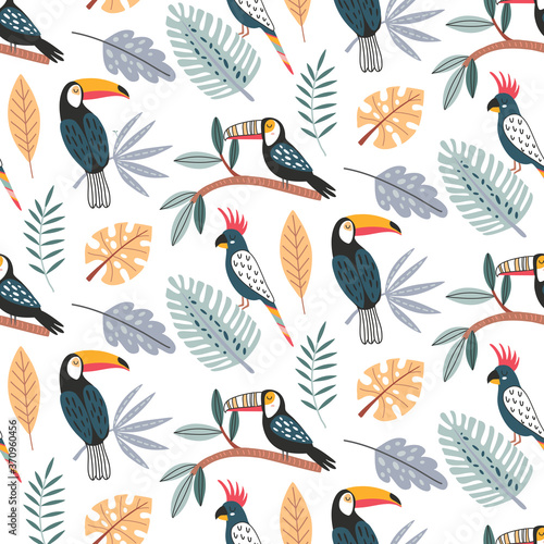 Cute vector seamless pattern with exotic birds, parrot, toucan and tropical plants.