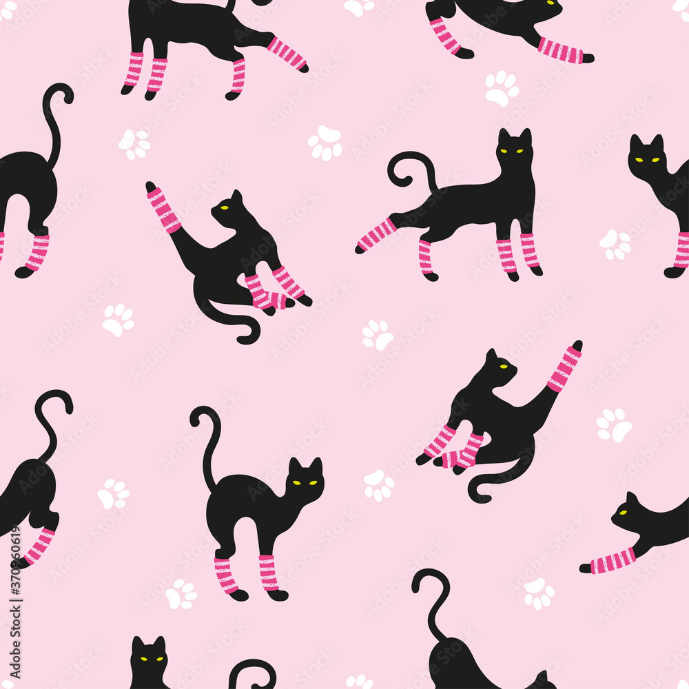 Seamless pattern with cute working out cats. Vector fitness illustration.