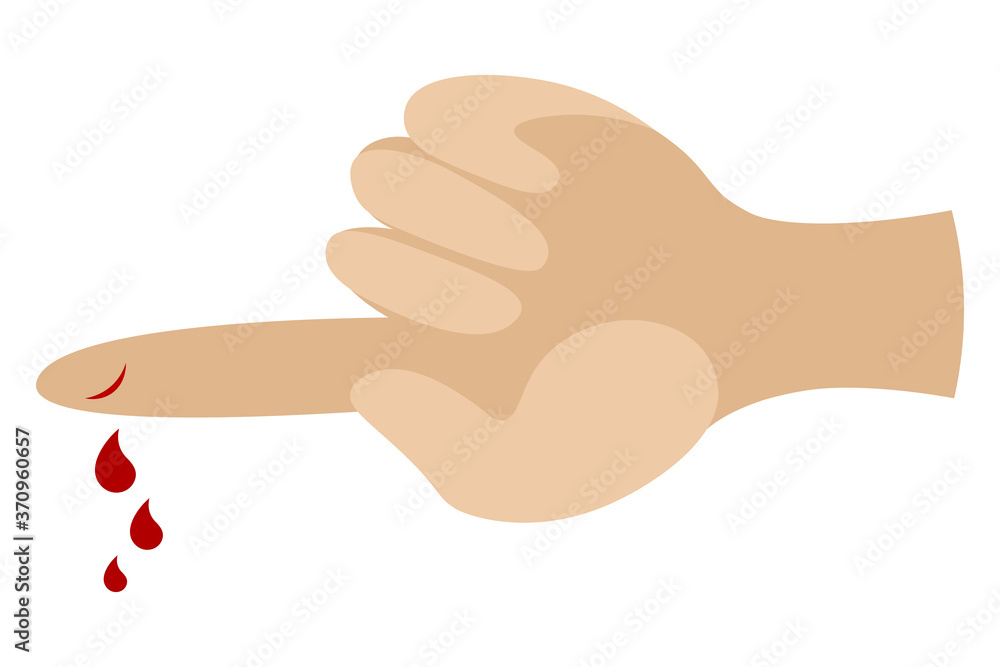 Damage to the skin of the hand. Drops of blood dripping. Vector illustration. Isolated white background. Flat style. A cut on the index finger. The person is in pain. Medical topics. Web design idea.