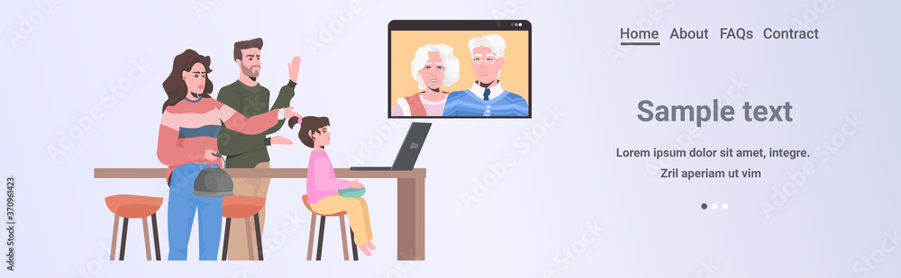 young family having virtual meeting with grandparents during video call chat online conference communication concept kitchen interior horizontal copy space vector illustration
