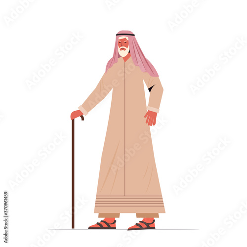 old arab man in traditional clothes senior male cartoon character standing pose gray haired grandfather full length vector illustration