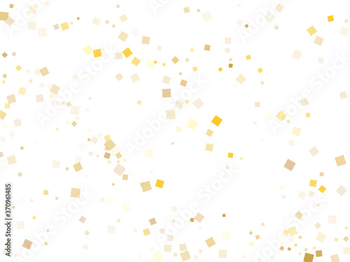 Stylish gold confetti sequins tinsels scatter on white. Glittering New Year vector sequins background. Gold foil confetti party glitter pattern. Many particles surprise backdrop.