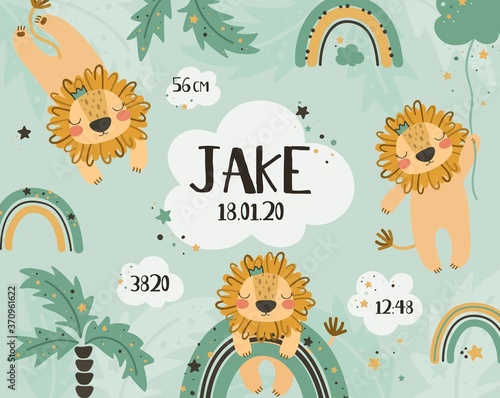 Cute baby lions with rainbow and clouds. Vector print for baby shower. Birth poster - newborn metric poster. Greeting card.
