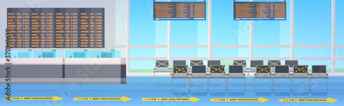 airport terminal with signs for social distancing yellow stickers coronavirus epidemic protection measures waiting hall departure lounge interior horizontal vector illustration