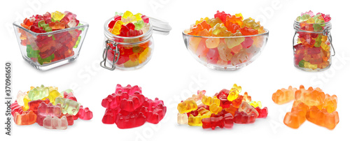 Set with delicious jelly bears on white background. Banner design