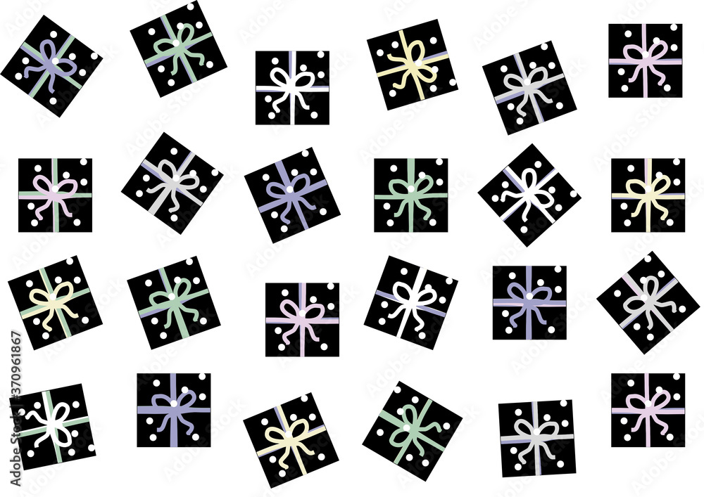 Fototapeta premium Set of 24 black Christmas parcels with colorful ribbons and snowflakes, cartoon style, isolated