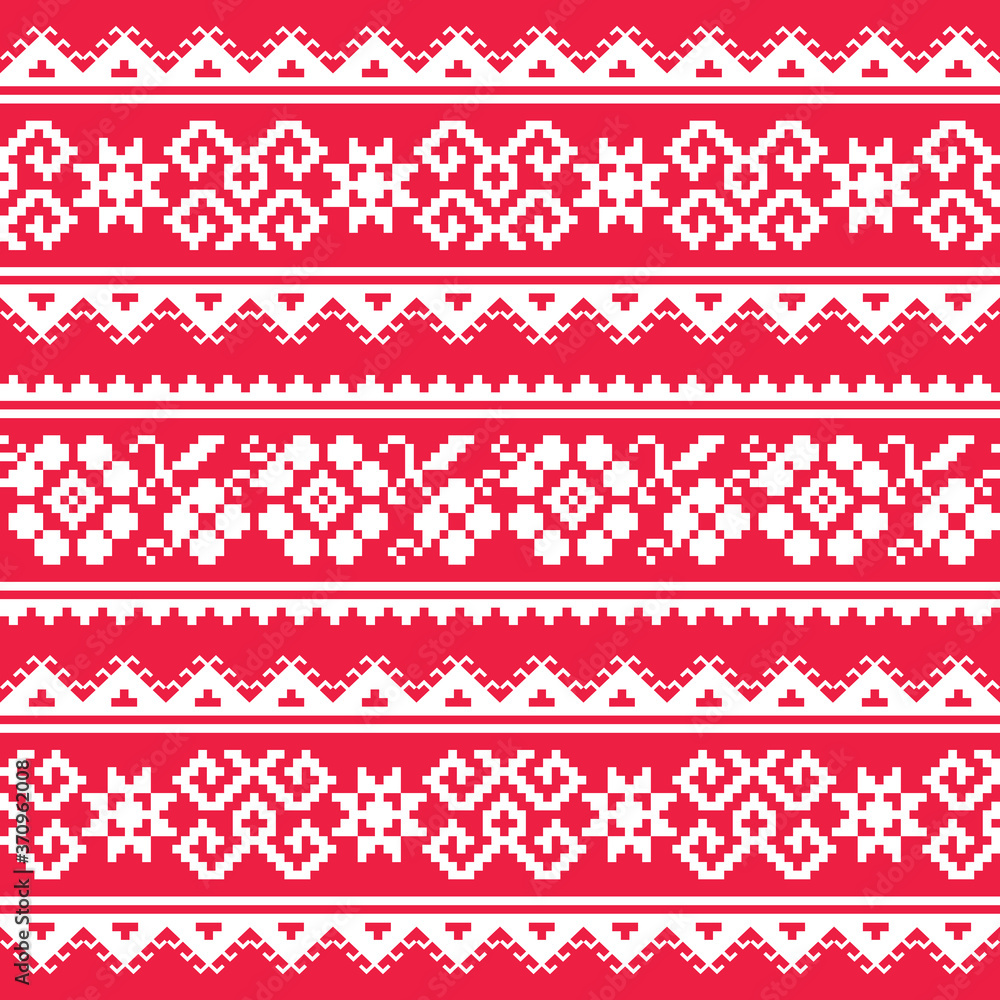Ukrainian and Belarusian folk art vector seamlesss pattern - inspired by retro Slavic cross-stitch designs in white on red background
Ukrainian and Belarusian folk art vector seamlesss pattern - inspired by retro Slavic cross-stitch designs in white on red background
