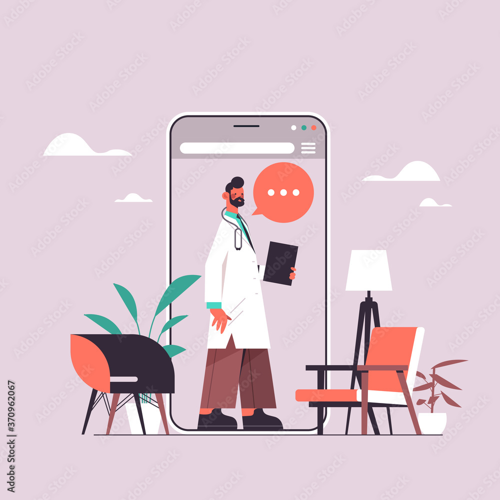 male doctor in smartphone screen chat bubble communication online consultation healthcare medicine medical advice concept vector illustration male doctor in smartphone screen chat bubble communication online consultation healthcare medicine medical advice concept vector illustration