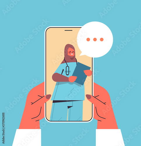 patient discussing with arab female doctor in smartphone screen chat bubble communication online consultation healthcare medicine medical advice concept vector illustration