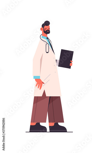 male doctor in uniform holding clipboard healthcare medicine concept man medical worker standing pose vertical isolated full length vector illustration