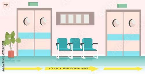 hospital corridor with signs for social distancing coronavirus epidemic protection measures concept modern clinic hallway interior horizontal vector illustration