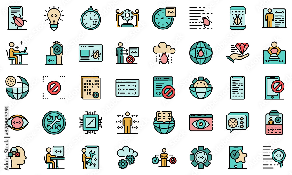 Fototapeta premium Testing software icons set. Outline set of testing software vector icons thin line color flat on white